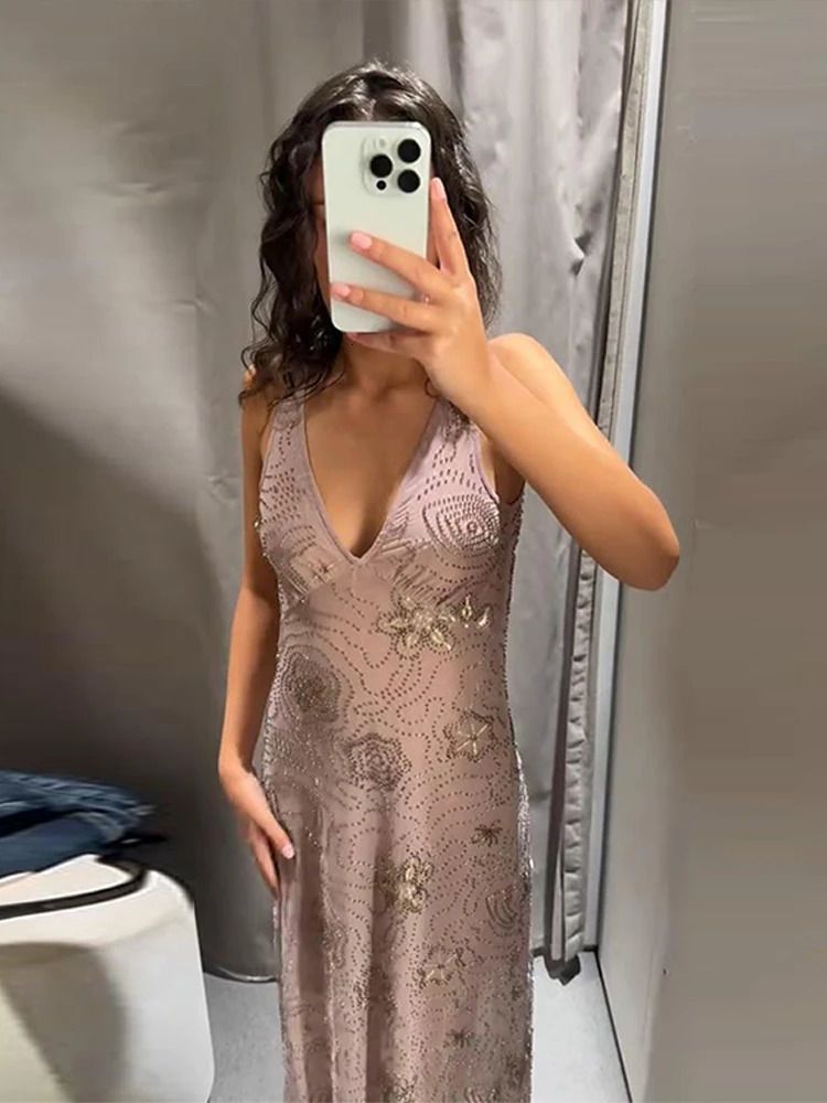 Bead Embroidery Sequin Ruffle Women Dress Sleeveless Backless Strap Sexy Evening Dresses 2025 Summer Party Holiday Street Robe 250605