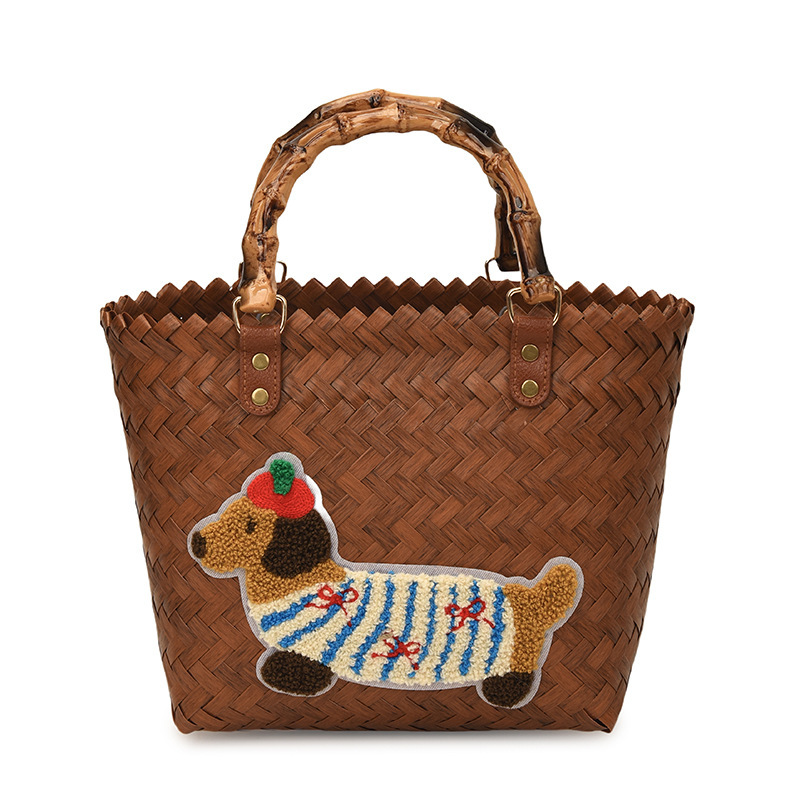 designer Dachshund Puppy Basket Bag for Work Commute Handbag Retro Bamboo Woven Bag Lunch Box Bag Handheld Bag