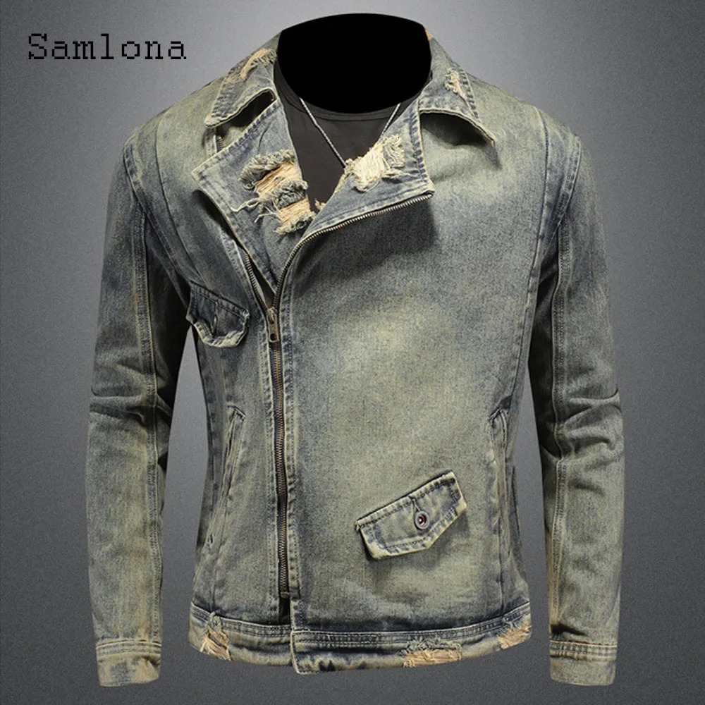 2025 Spring Autumn Motocycle Denim Jackets Men Fashion Ripped Jean Jacket Sexy Mens Notched Zipper Pockets Outerwear 250530
