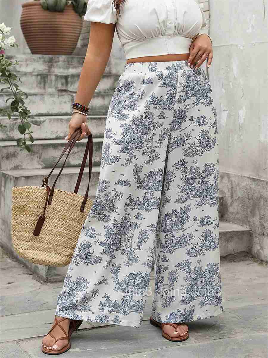 Womens Boho Chic Palazzo Pants with Vintage Paisley Print and Elastic Waistband for Casual Wear or Beach Vacation Outfits