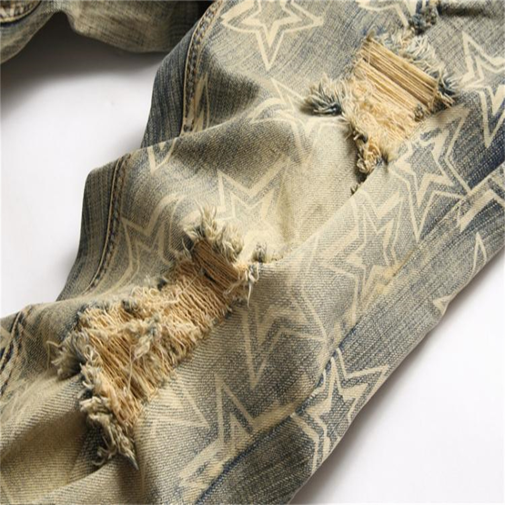new free shipping designer Jeans Embroidered men jeans with knee hole zipper small leg pants large denim pants Durable Stretchy