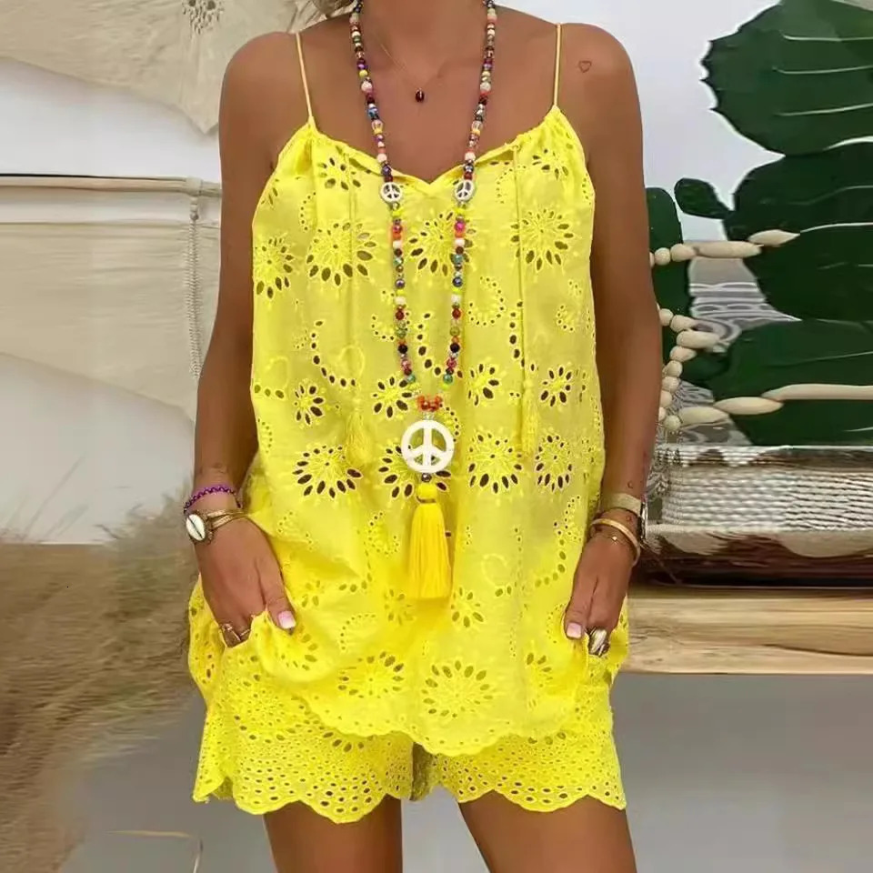 Two Piece Sets Women Outifits Casual V-Neck Sleeveless Embroidery Top Shorts Set Fashion Women Suit 250605