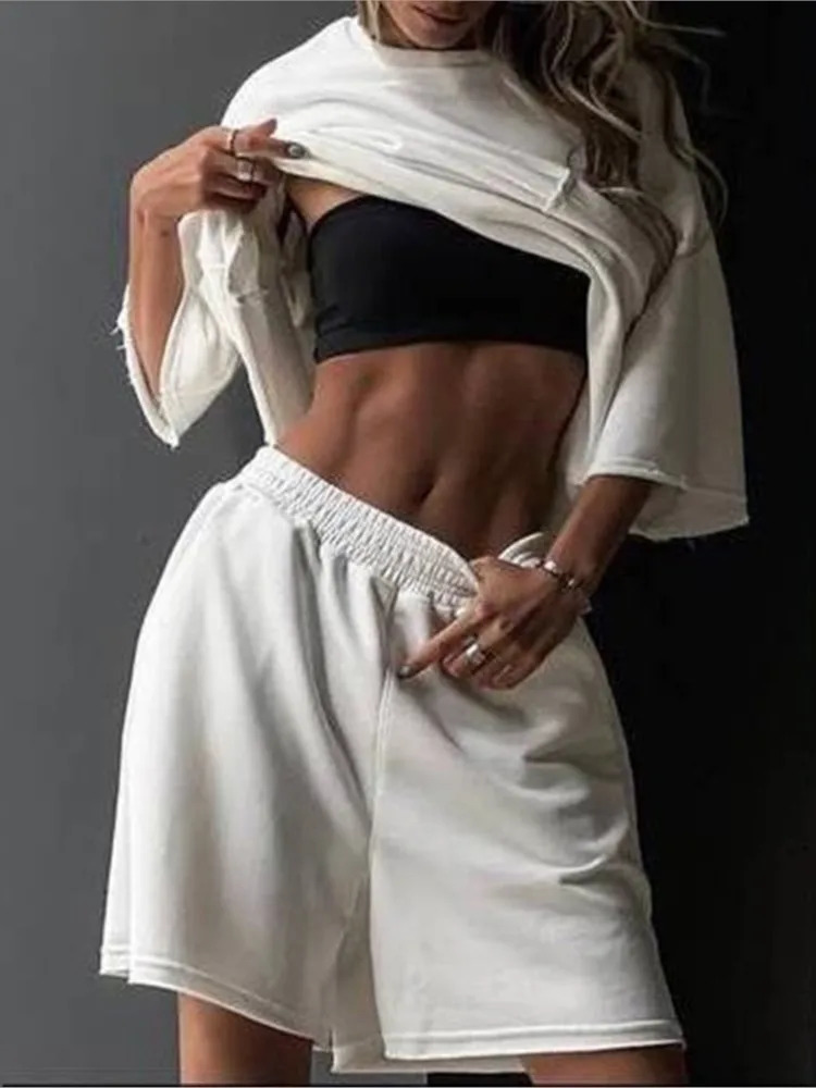 Casual Simple Short Style Sports Two Piece Set Women Solid Color Loose Half Sleeves T Shirt Shorts 2 Piece Sets Lady Streetwear 250605