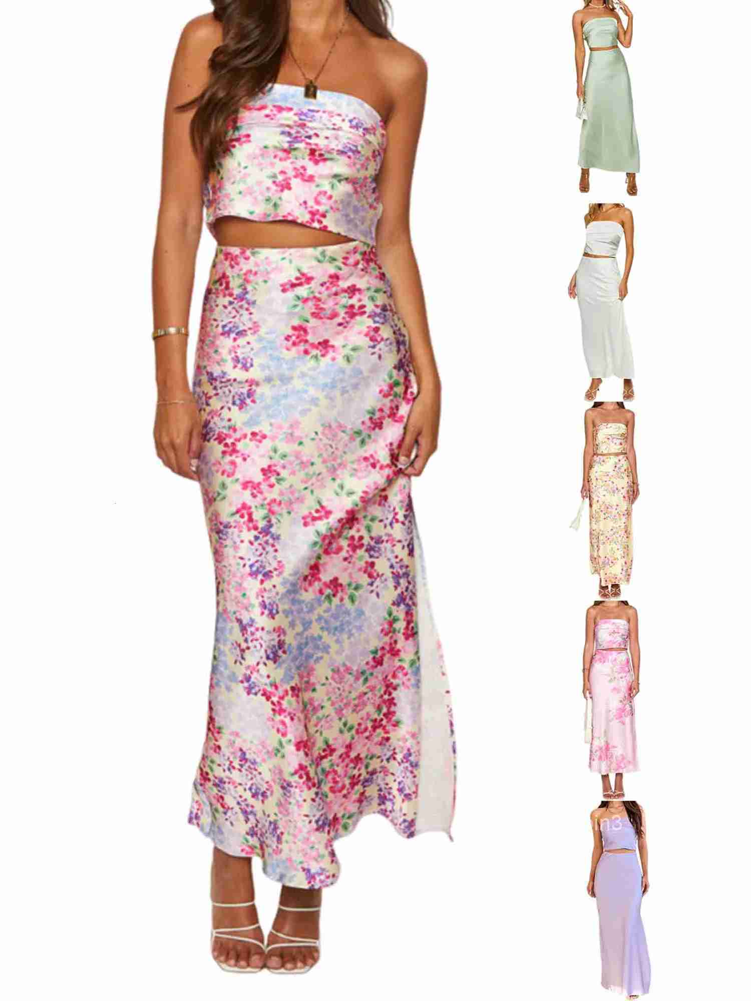 Elegant Floral Print Off-shoulder Top and High Slit Maxi Skirt Set for Womens Summer Fashion Look