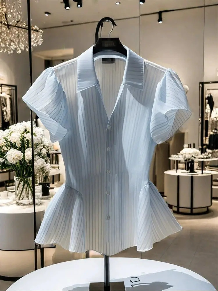 French Style Top for Women Blue Short-sleeved Striped Shirt for Summer 250603