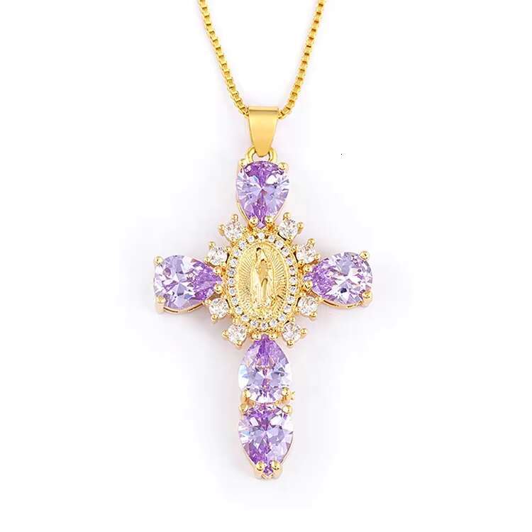 Luxury crystal stone religious cross pendant, Virgin Mary gold-plated necklace for women, 925 silver moissanite ladies' necklace