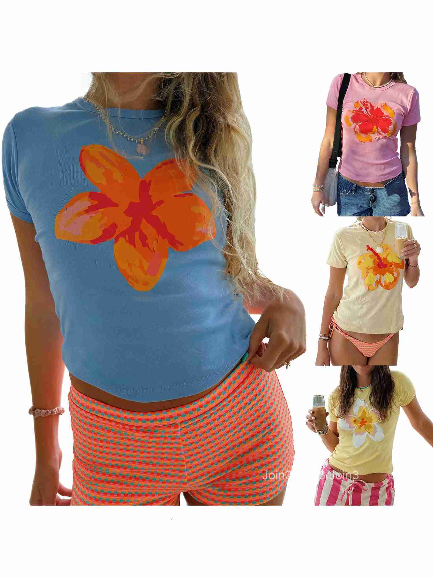Womens Summer Casual T-shirt with Vintage Floral Print and Round Neckline Short Sleeve Top for Streetwear Aesthetic and
