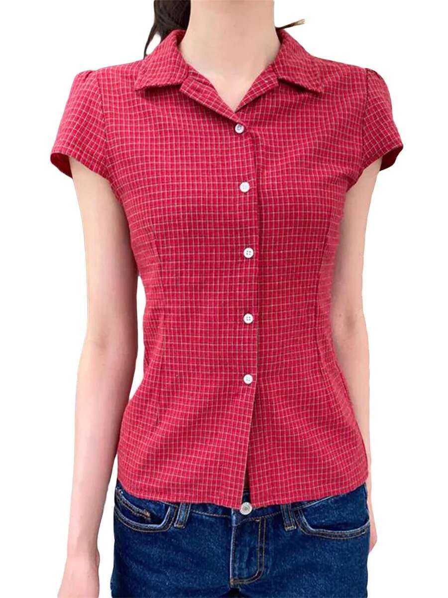 Ladies Plaid Short Sleeve Shirt with Fit and Turn Down Collar Casual Button Down Top for Summer Wear
