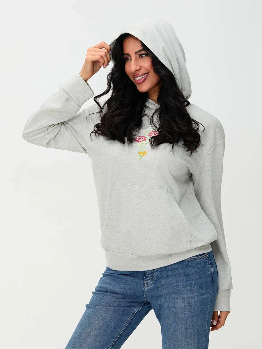 Womens Casual Pullover Hoodies Long Sleeve Floral Print Loose Sweatshirts Streetwear Tops with Embroidered Letters