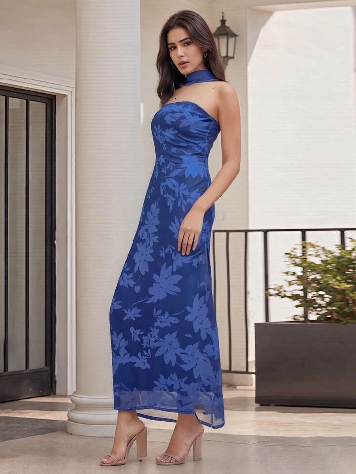 Elegant Maxi Dress with Lace Overlay and Off-shoulder Design Vintage Floral Print Boho Chic Summer Dress for Women