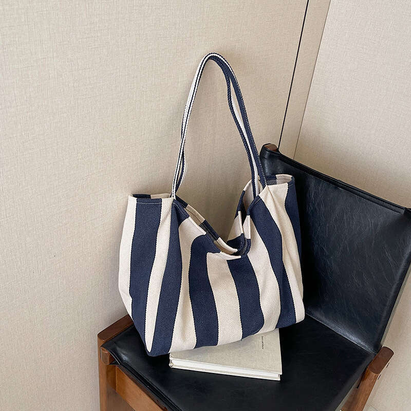 Artistic Casual Large Capacity Canvas Tote 2025 New Korean Style Striped Fashion Handbag Shoulder Bag
