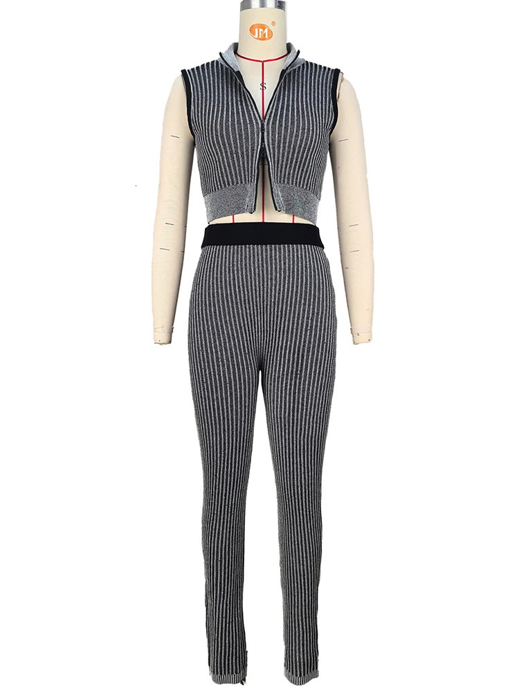 Weird Puss Fitness Zip Women Tracksuit 2 Piece Set Stripe Casual Tank TopsLeggings Matching Streetwear Casual Activity Outfits 250605