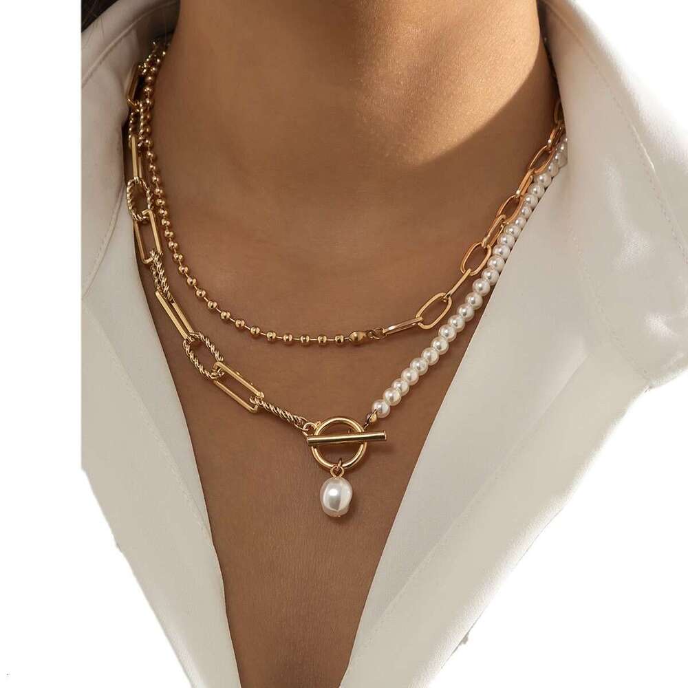 2025 hot designer Jewelry Fashion Long Round Bead Chain Layered Personality Pearl OT Buckle Necklace with gift box