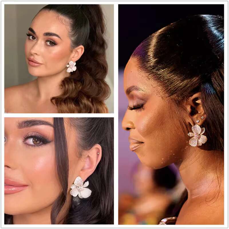 Luxury diamond wild orchid earrings in light pink 18K gold 925 silver beautiful bride jewelry