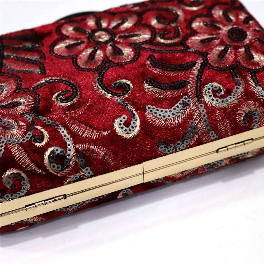 Fashion Wallet Women's Embroidered Flower Sequins Veet Evening Bag Chain Shoulder Clutch Party Ball Handbag