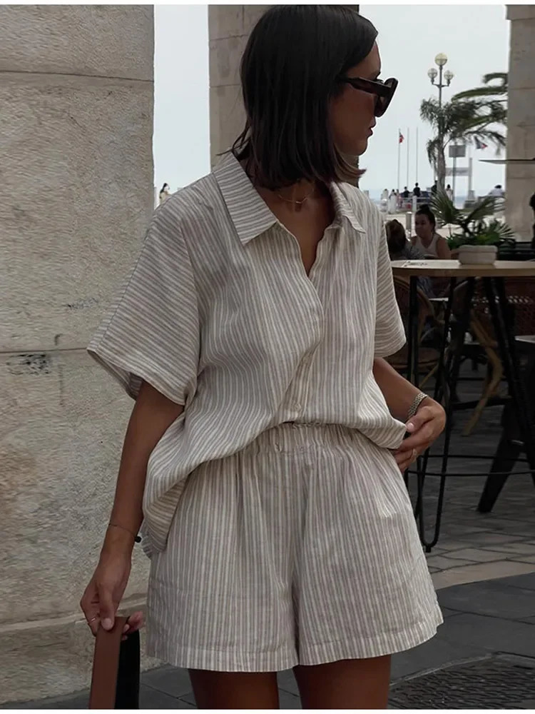 Khakis Striped High Waist Short Suit Womens Casual Short Sleeve Button Loose Lapel Shirt 2 Piece Set Summer Lady Daily Outfit 250605