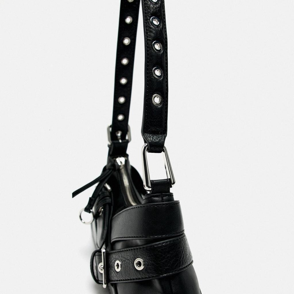 Free Shipping Designer Bag ZR Home 2025 New Black Belt Adorned Women's Fashion Single Shoulder Underarm Motorcycle Splicing High Grade Feel Stick