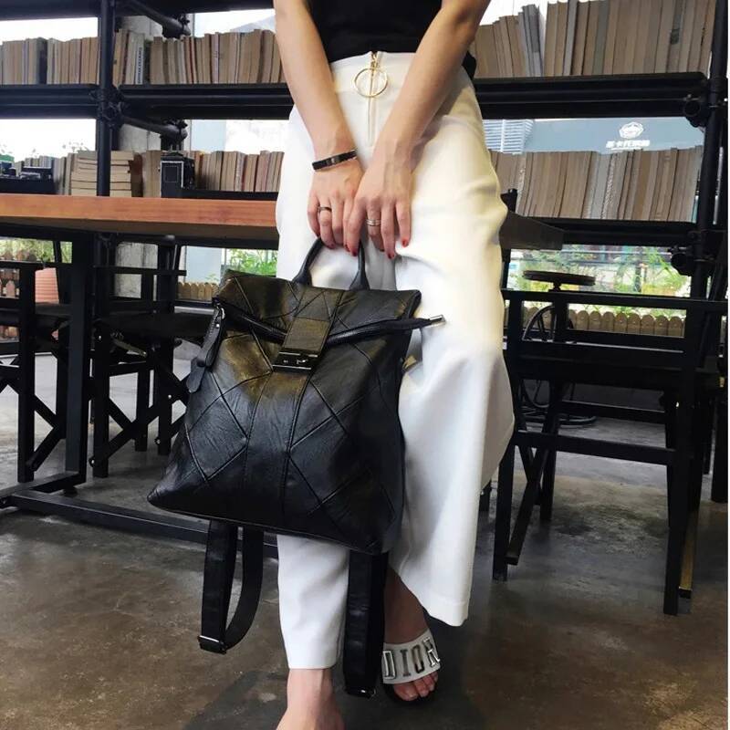 Women 2025 New Fashionable Soft Leather Splicing Shoulder Versatile Lock Backpack Handheld Travel Bag