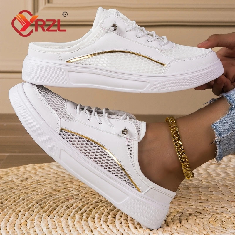 YRZL 2025 Half Slippers Women Shoes Summer Baotou Mesh Breathable White Flat Shoes Non-slip Comfortable Round Toe Mens Sandals 250603