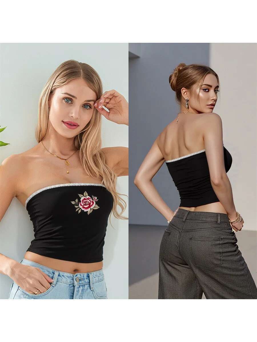 Womens Sexy Floral Print Fit Tube Top Sleeveless Off Shoulder Strapless Bandeau Crop Top Blouse