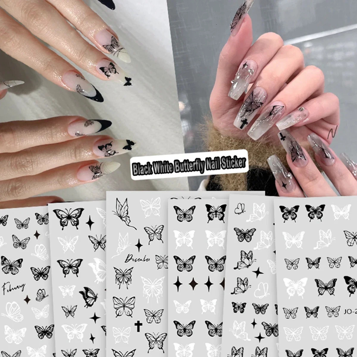 Dark Butterfly Nail Stickers Black White Hollow Ins Style n Art Decoration Decals 250605