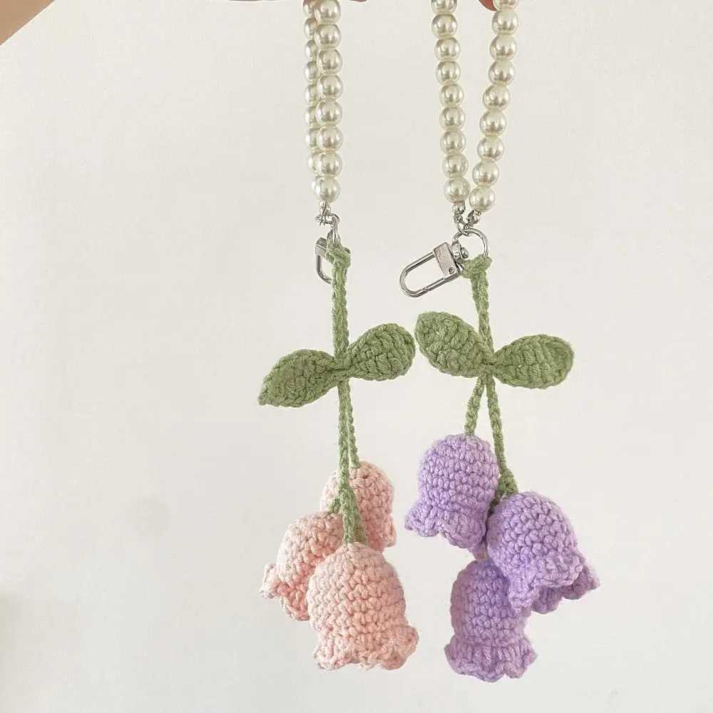 Creative Wool Crocheted Bolling Orchid Key Ring Ins Cute Girl Pearl Chain Key Chain Handmade Knitted Bag Pendant Charm Gift XJ250607
