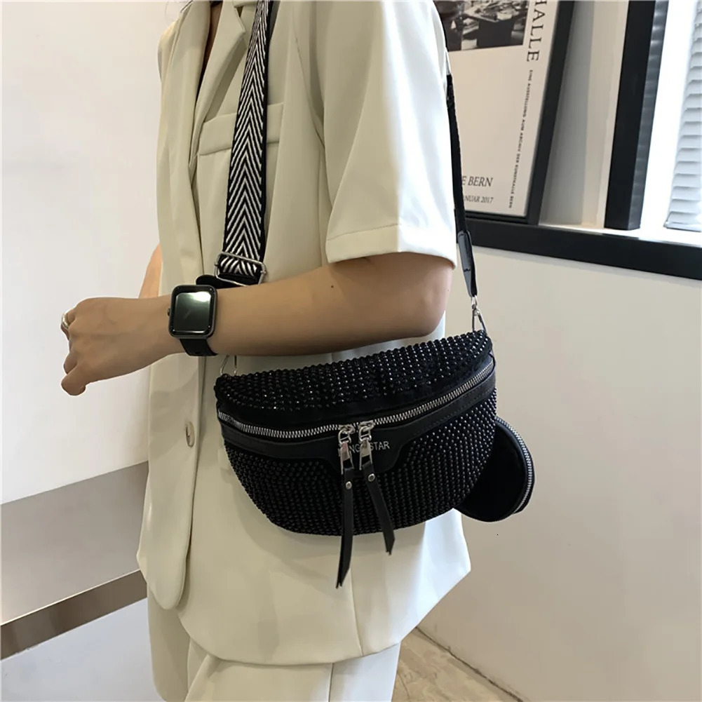 Fashion Rhinestone Waist Belt Bag Lady Shiny Shoulder Crossbody Bags PU Leather Chest Pack for Women Handbags Xmas Gifts 250603