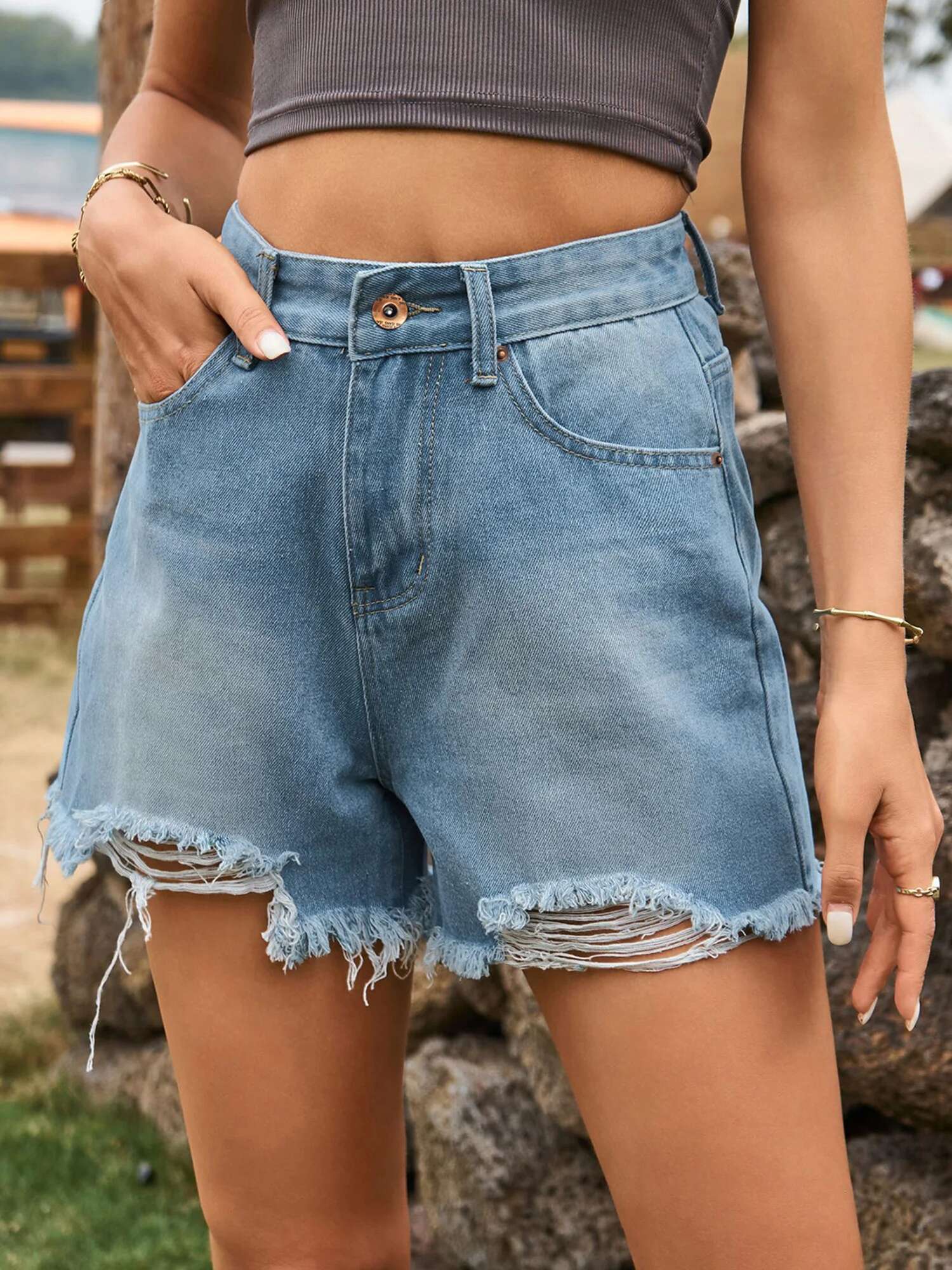 Womens Distressed Denim Bermuda Shorts High Waisted Frayed Hem Jean Shorts with Pockets and Belt Loops for Summer Street Style