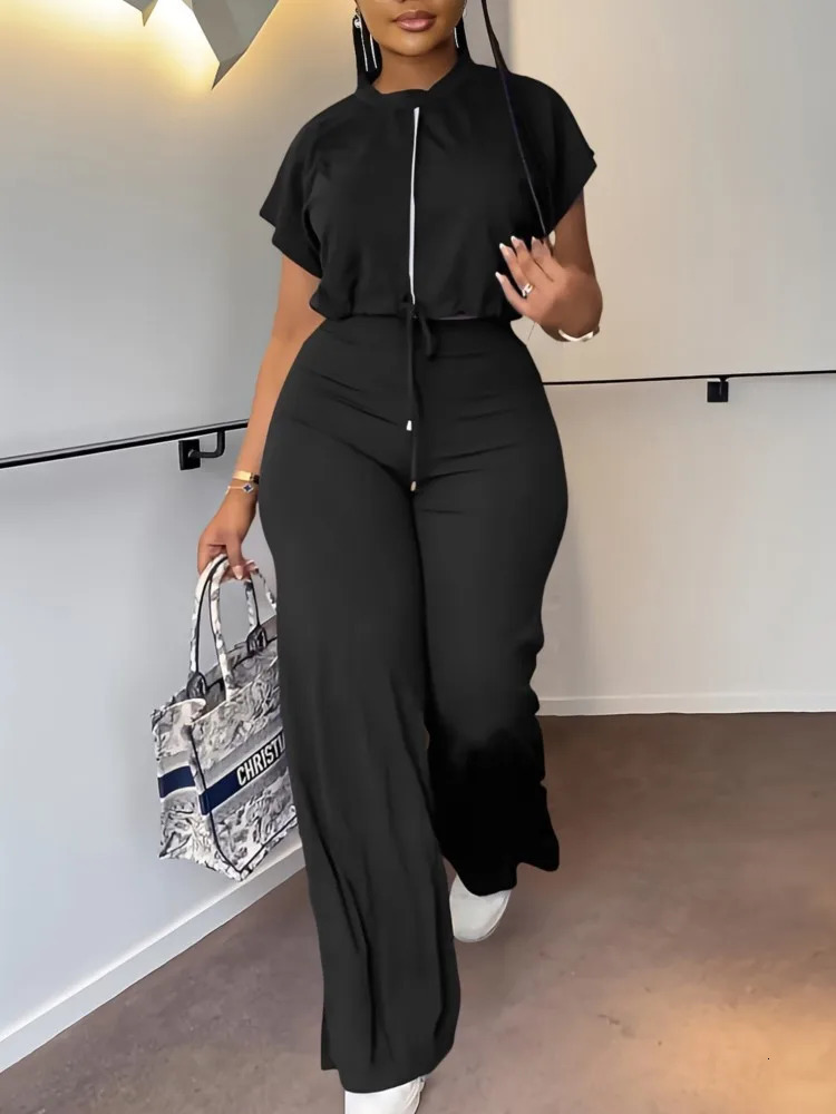 Women Casual Round Neck Drawstring Short Sleeve Top High Waist Pants Set Summer Solid Two Piece Suit Sets Outfits Set Female 250605