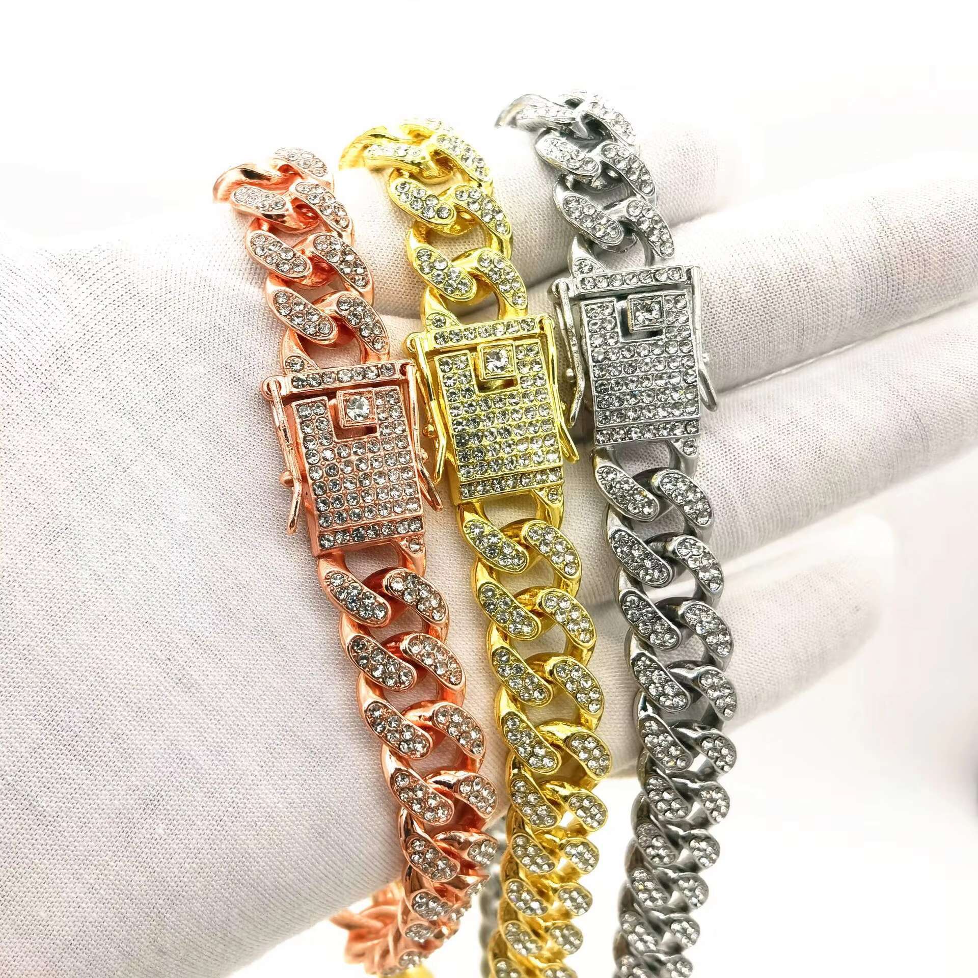 Fashion 12mm Long Men Jewelry Hiphop Plated Iced Out Moissanite Diamond Cuban Link Chain Bracelets Women with Clasp