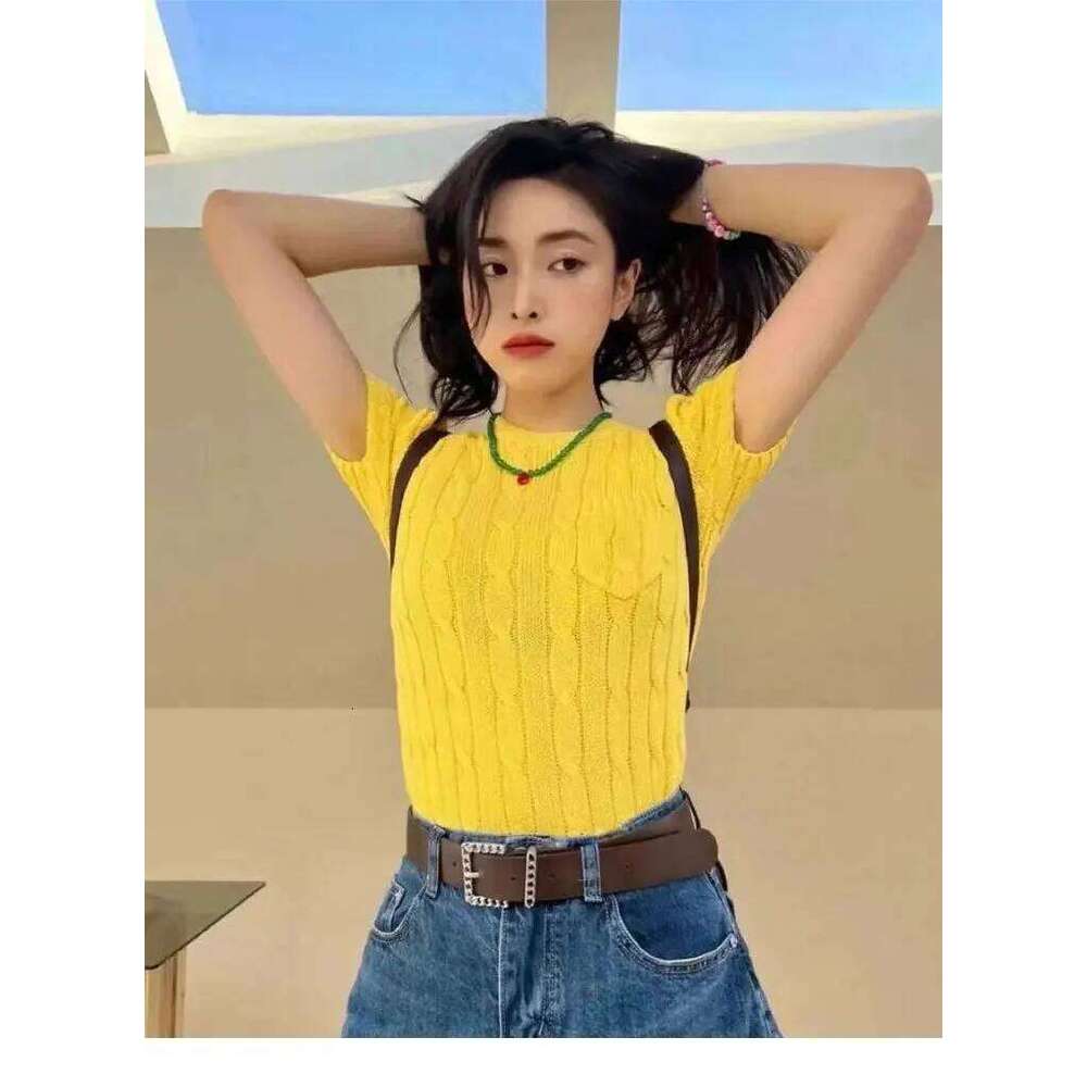 2025 Women's High-Quality Cashmere Knit Sweater Summer Short Sleeve Cable Embroidery Round Neck Cotton Blend Pullover Top