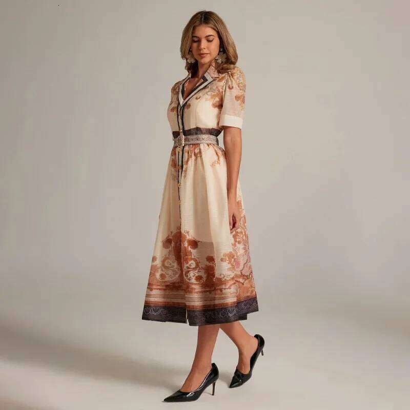 Elegant Printed Suit Collar Long Dress Court Style French Unique Quality New Arrival 2025 Fashionable Women's Wear