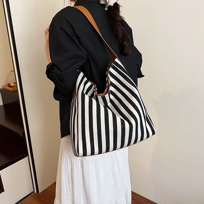 designer Casual Style Canvas Bag for Women Large Capacity Bag 2025 New Summer Striped Color Block Shoulder Tote Handbag