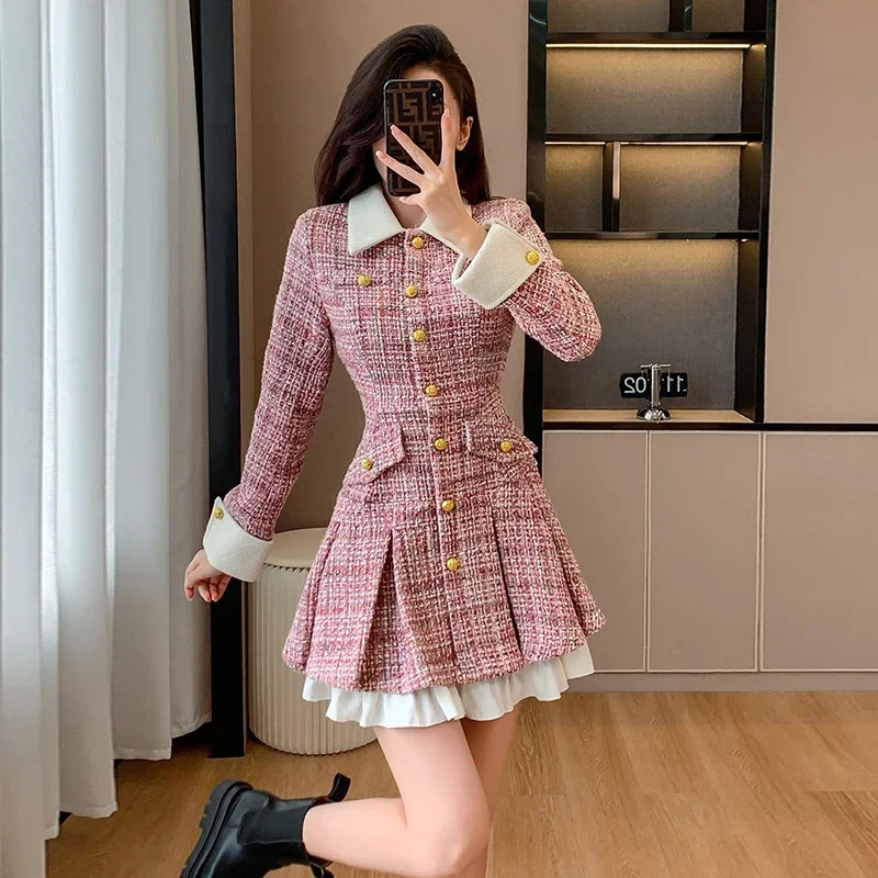Small Fragrant Style Tweed Pink Dress for Women Autumn French Socialite Single-breasted Color Splicing Slim Short Dress 250603