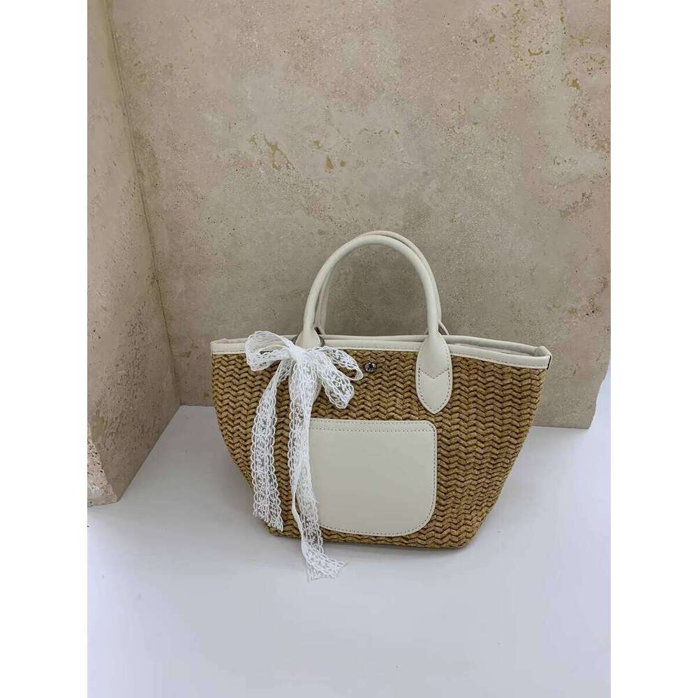 Straw Woven Basket Artistic Patchwork Color Block Pastoral Style Tote Bag Large Capacity Casual Handbag
