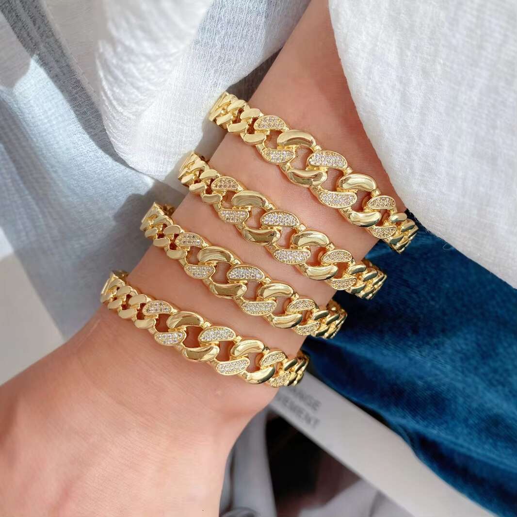 Hip Hop 18K Gold 925 Silver Diamond Cuban Link Bracelet Set, Unisex