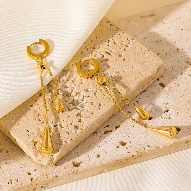 GANEMLY 316L Stainless Steel Gold Color Teardrop Tassel Necklace Earrings Set For Women Fashion Waterproof Jewelry Set Lady Gift Z250607