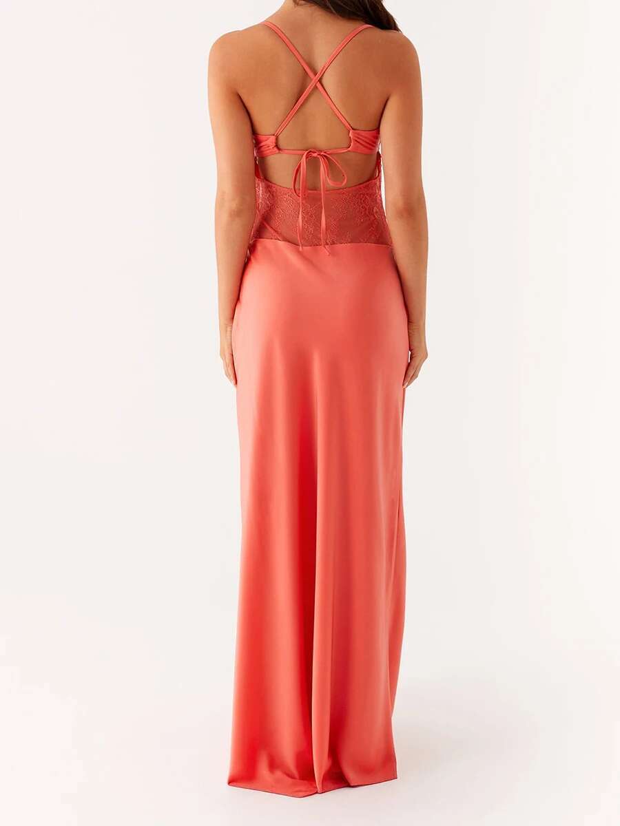 Elegant Floral Embroidered Maxi Dress with V-neckline and Adjustable Spaghetti Straps for Wedding Evening Party Beach