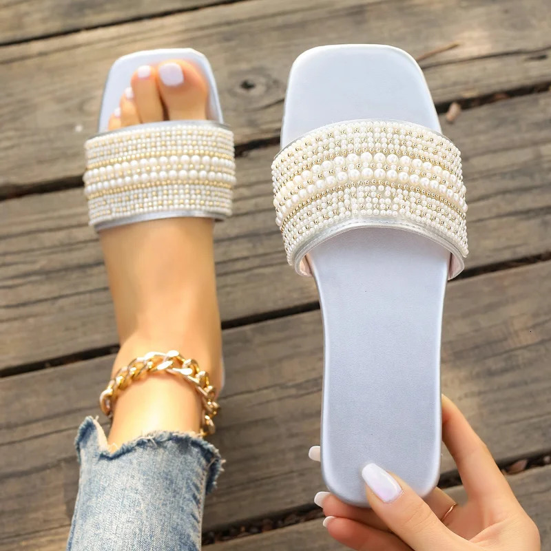 Women Pearl Slippers 2025 Summer Square Toe Flats Slides Sandals Woman Comfortable Non Slip Beach Flip Flops Big Size 43 250603
