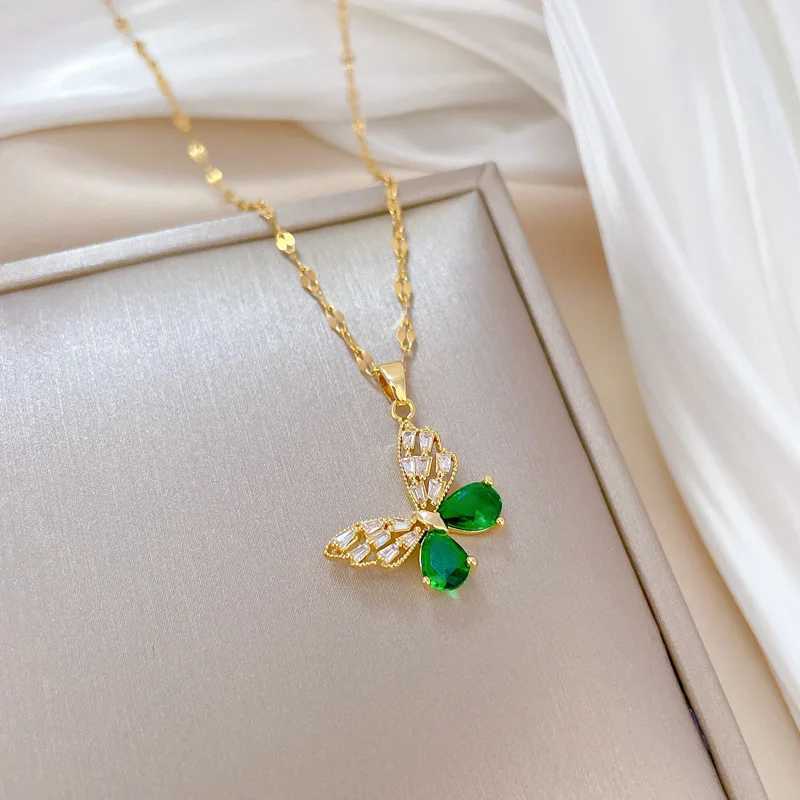 Classic Charm Micro-Paved Green Jewelry Butterfly Stainless Steel Necklace Earrings Set Fashion Hollow Party Gift Z250607
