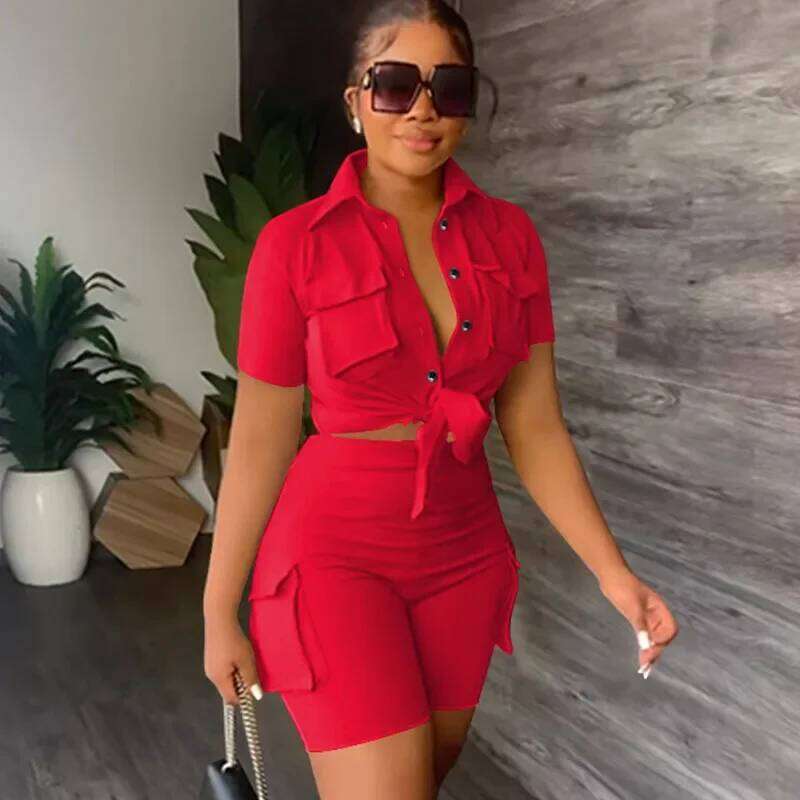 Streetwear Two Piece Set For Women Summer Outfits Pockets Sleeve Button-Up Shirt Top Short Party Club Matching Sets