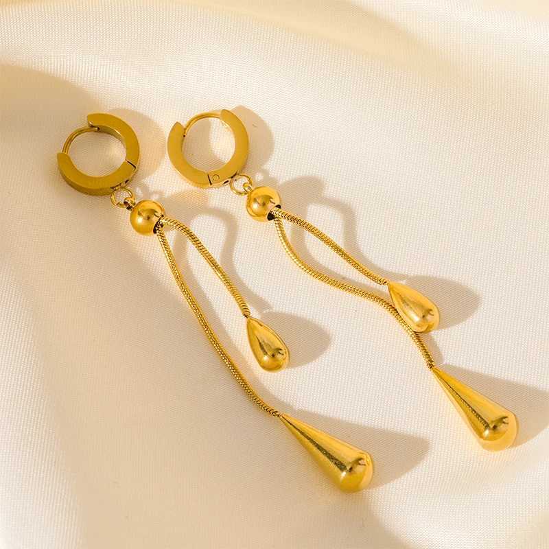 GANEMLY 316L Stainless Steel Gold Color Teardrop Tassel Necklace Earrings Set For Women Fashion Waterproof Jewelry Set Lady Gift Z250607