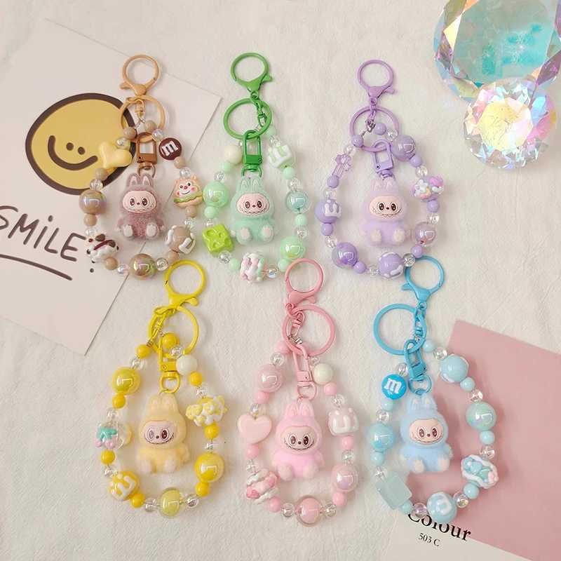 Creative Labubu Keychain Beaded Charm Backpack Hanging Pendants Cartoon Holiday Children Birthday Gift Keyring Decor Party FavorXJ250607