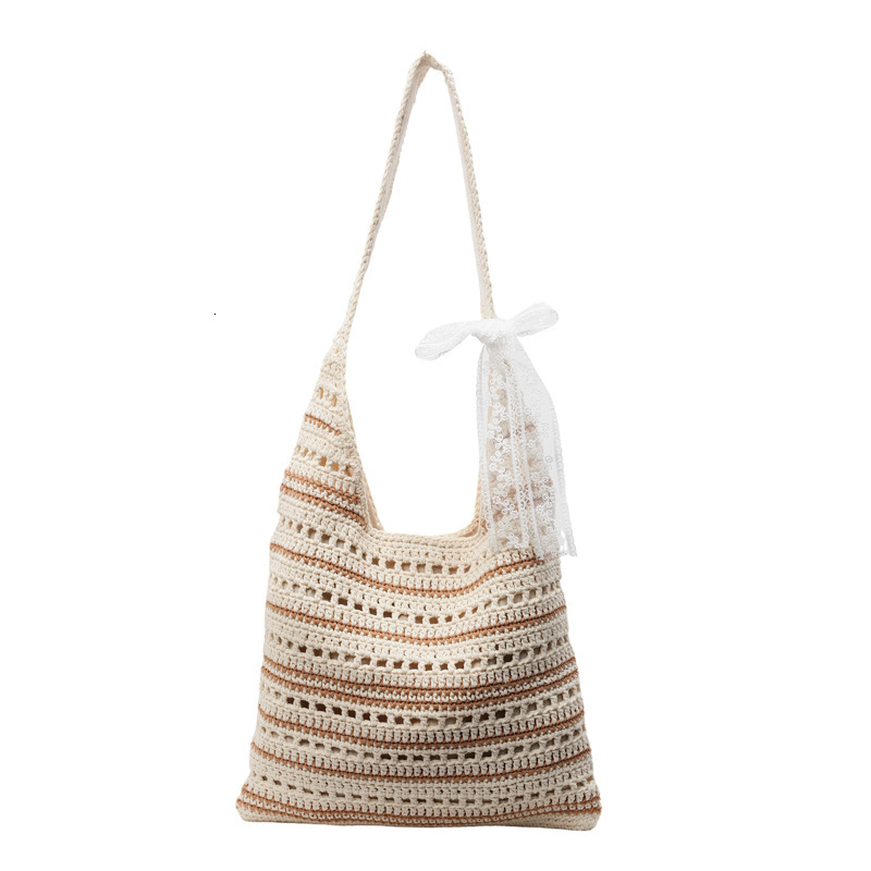 designer Korean and Japanese Style Striped Cotton Hollow Bag 2025 Summer Beach Vacation Woven Bag Simple Lazy Style Handbag Shoulder Bag