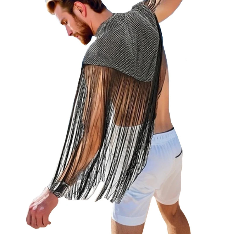 Mens Clothing Irregular Tank Tops Fashion Vests Tassel Patchwork Turtleneck Sleeveless Streetwear Leisure Sexy Cloak Ponchos 250527