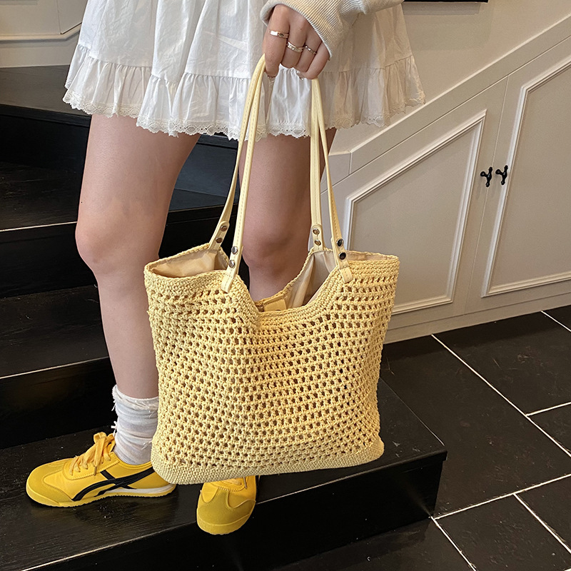 designer Casual Hollow Out Single Shoulder Cotton Woven Bag New Lazy Style Handheld Straw Bag Beach Vacation Beach Bag Women's Bag