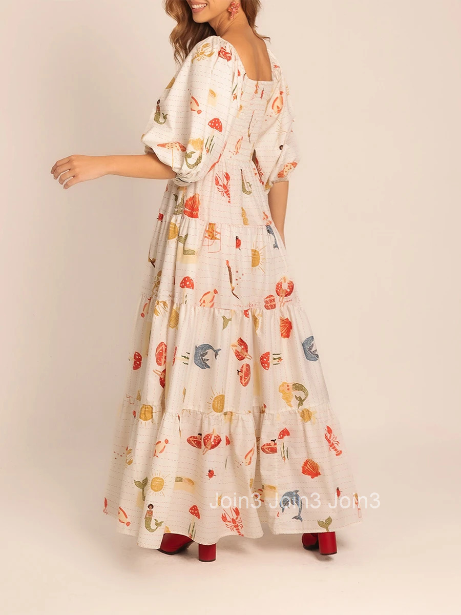 Womens Maxi Dress with Tropical Print Short Sleeve Square Neckline Summer Dress Casual A-line Beach Dress with Oceanic Design