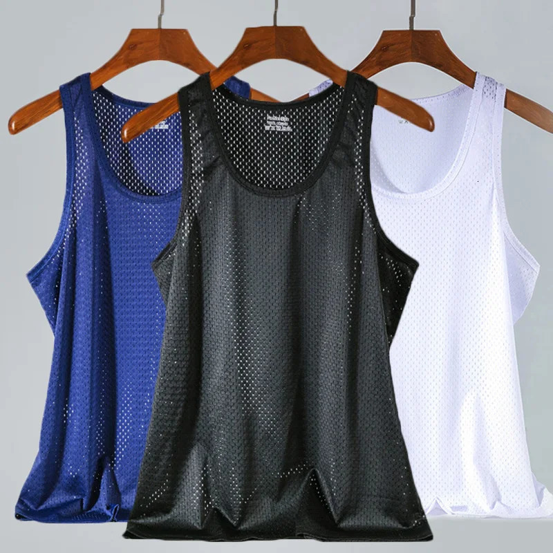 2024 Summer Mesh Mens Tank Tops Ice Silk Vest QuickDrying Breathable Sleeveless TShirts Sports Fitness Top 250527