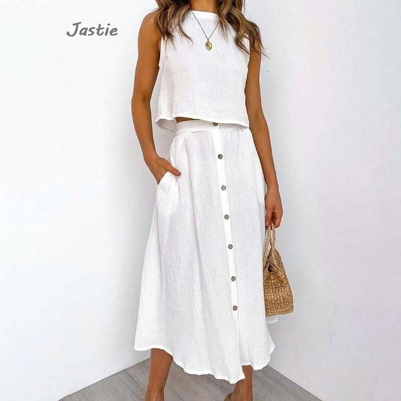 Summer Outfits For Women Casual Cotton Linen Suit Loose Sleeveless Vest Single-breasted Skirt 2 Piece Set Women Outfit 250606
