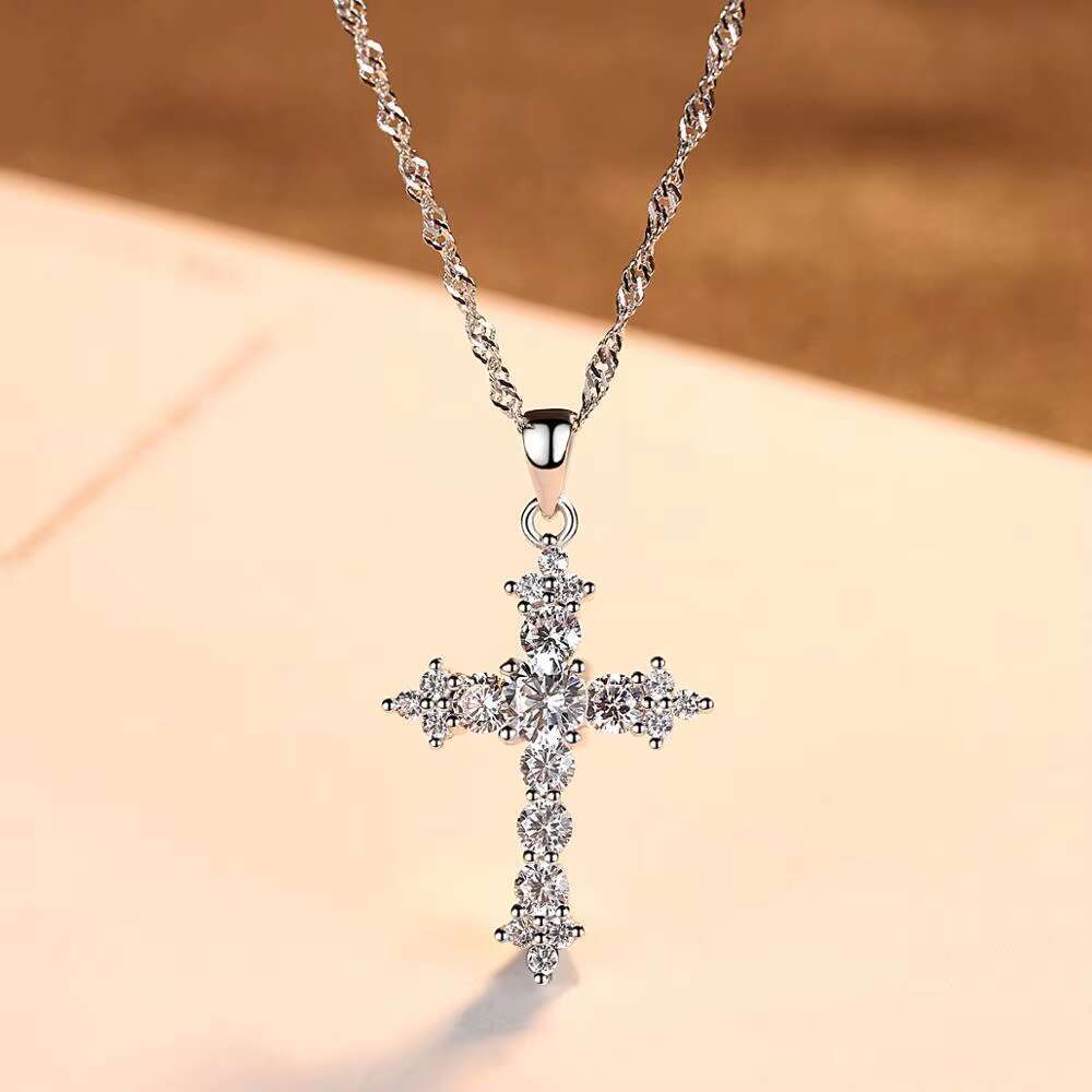 CZCITY 925 Sterling Silver Cross Necklace 3A Cubic Zirconia Cross Pendant Necklaces for Women Wholesale Jewellery